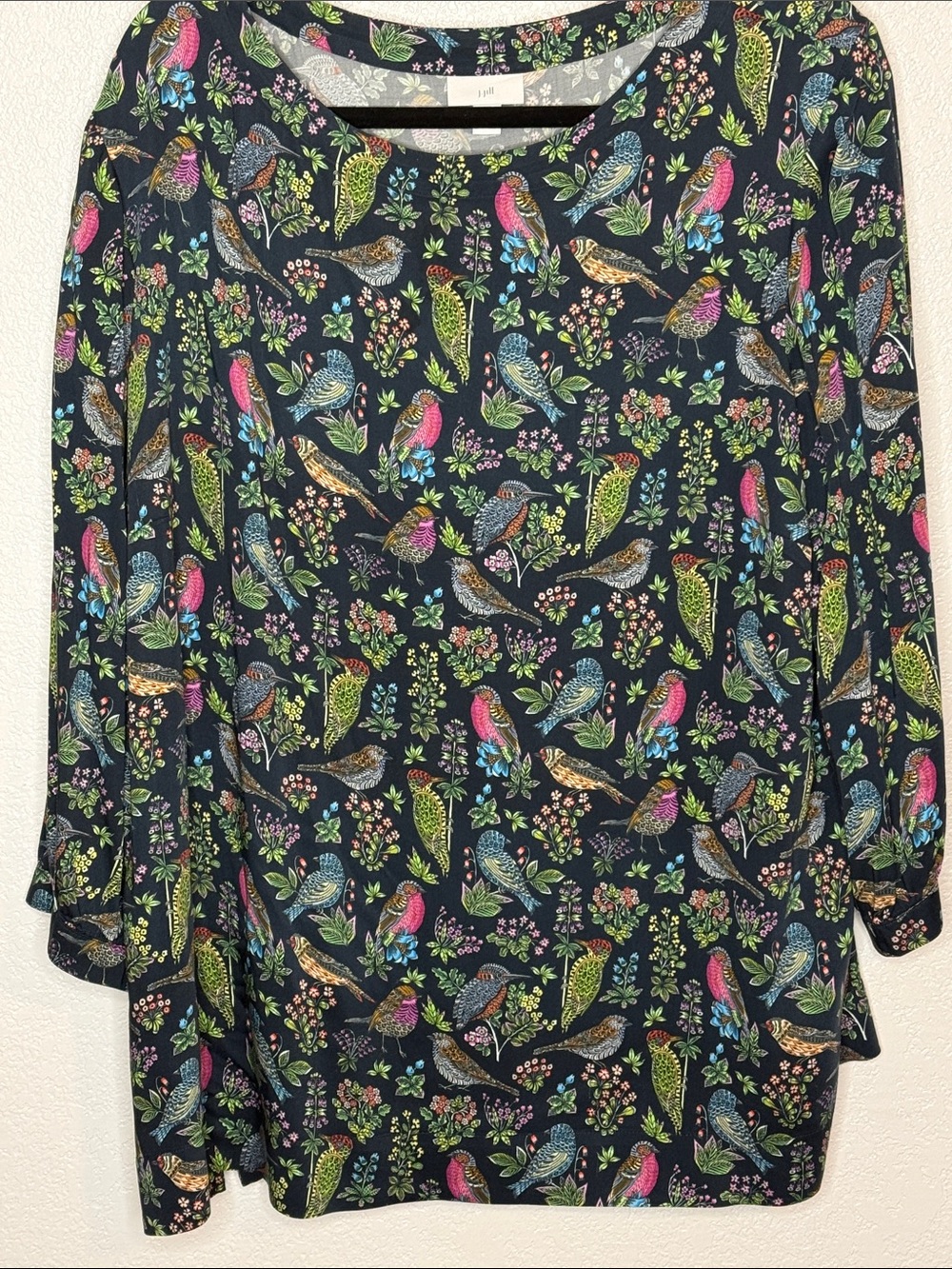 J. Jill Navy Multi Color Bird & Botanicals 3/4 Sleeve Blouse Size XL Tall